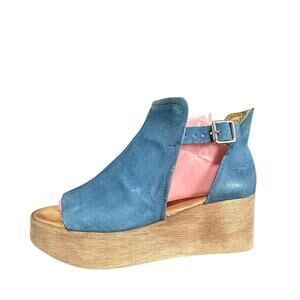 Miz Mooz Leather Wedge Sandals Gloria Platform Blue Denim Size 40 US 9.5 Buckle
